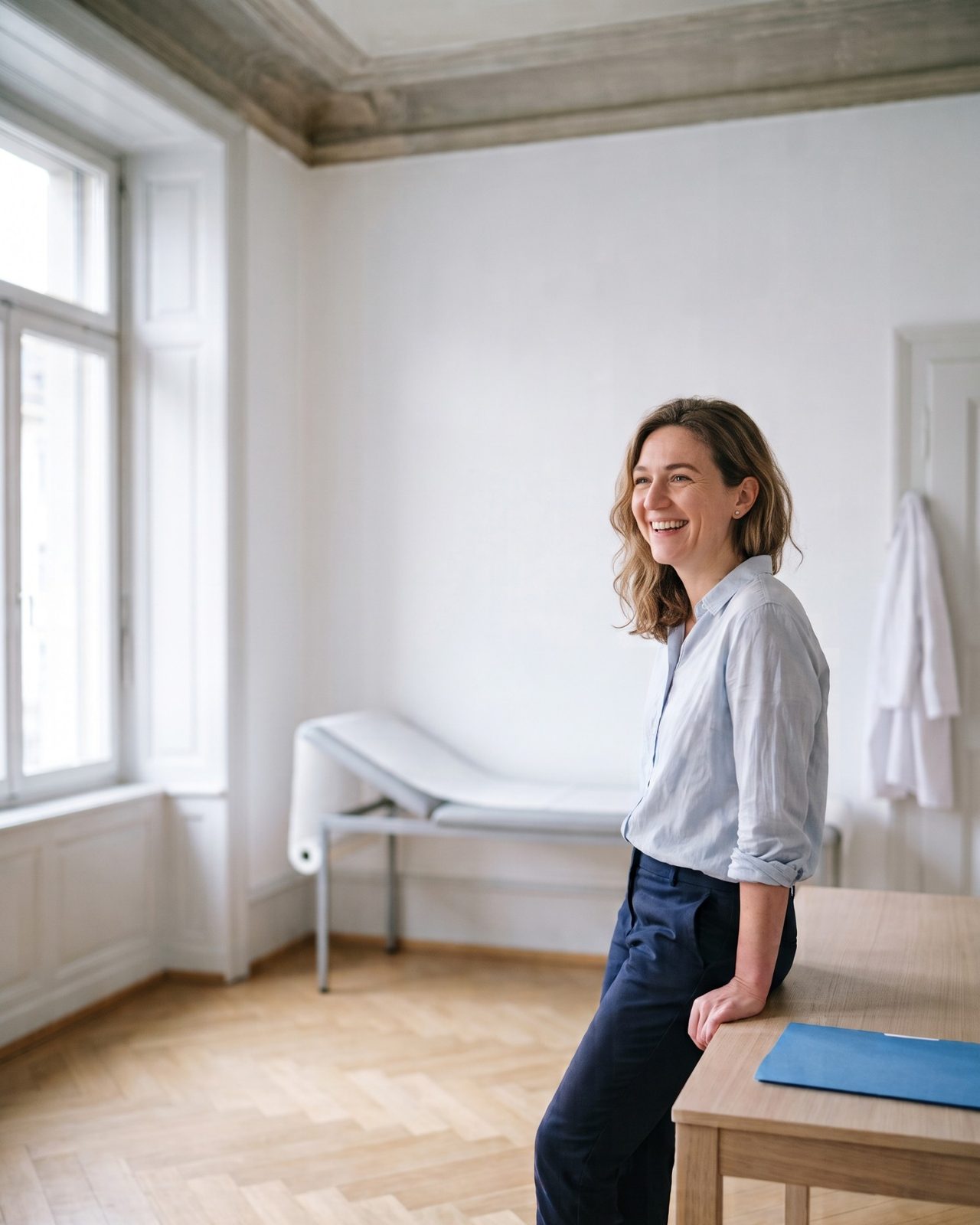 Ärztin lacht am Schreibtisch in ihrem neuen, hellen Sprechzimmer